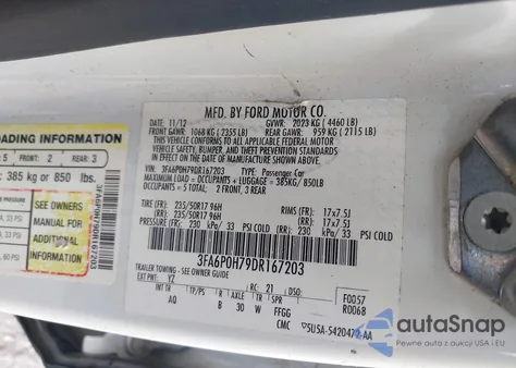 2013 Ford Fusion Se z USA, uszkodzony, nr VIN 3FA6P0H79DR167203